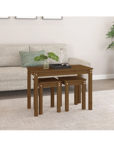 Tavolini a Incastro 3 pz Miele in Legno Massello di Pino