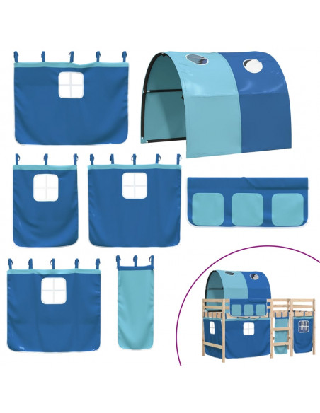 Letto a Soppalco con Tunnel Bambini Blu 90x200cm Massello Pino