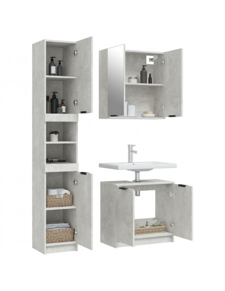 Set di Mobili da Bagno 3 pz Grigio Cemento in Legno Multistrato