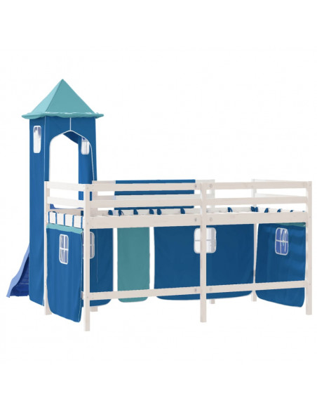 Letto a Soppalco con Torre Bambini Blu 90x190cm Massello Pino