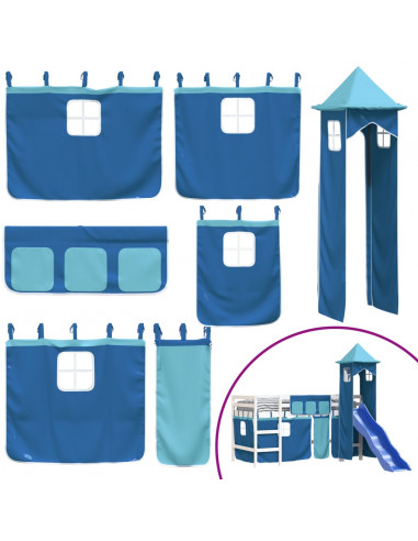 Letto a Soppalco con Torre Bambini Blu 90x190cm Massello Pino