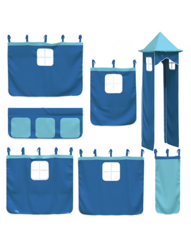 Letto a Soppalco con Torre Bambini Blu 90x190cm Massello Pino