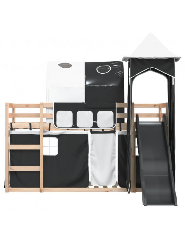 Letto a Castello con Scivolo e Tende Bianco e Nero 80x200 cm