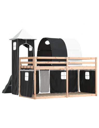 Letto a Castello con Scivolo e Tende Bianco e Nero 80x200 cm