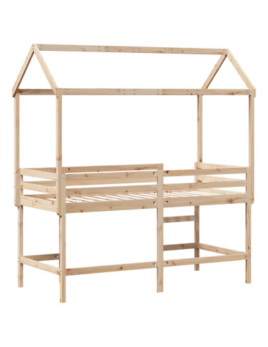 Letto Soppalco con Scala e Tetto 90x190 cm Legno Massello Pino