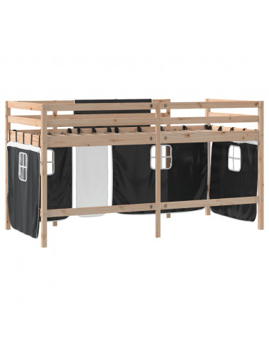 Letto a Soppalco con Tende Bambini Bianco e Nero 80x200 cm Pino