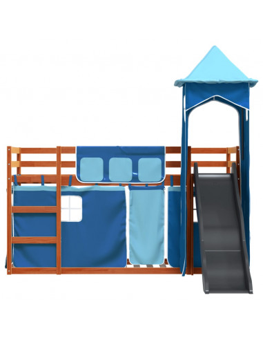 Letto a Castello con Scivolo e Tende Blu 90x200 cm
