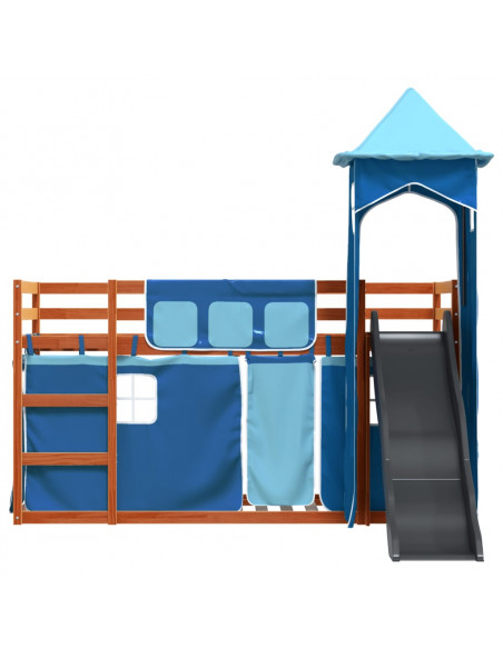 Letto a Castello con Scivolo e Tende Blu 90x200 cm