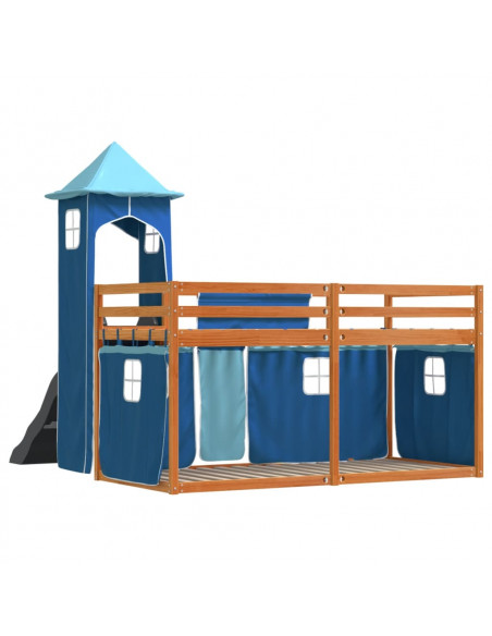 Letto a Castello con Scivolo e Tende Blu 90x200 cm