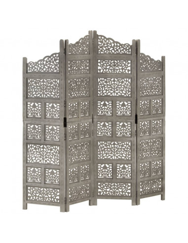 Divisorio 4 Pannelli Intaglio Grigio 160x165 cm Legno di Mango