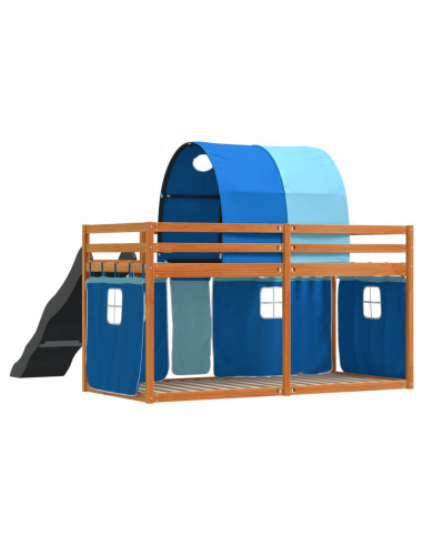 Letto a Castello con Scivolo e Tende Blu 90x200 cm