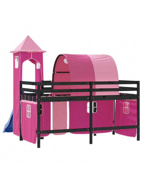 Letto a Soppalco con Torre Bambini Rosa 80x200cm Massello Pino