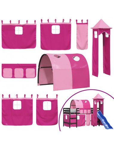 Letto a Soppalco con Torre Bambini Rosa 80x200cm Massello Pino