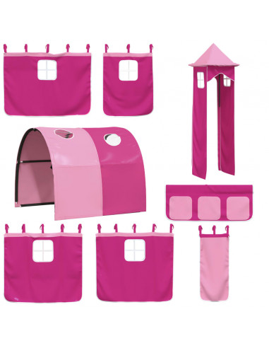 Letto a Soppalco con Torre Bambini Rosa 80x200cm Massello Pino
