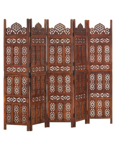 Divisorio 5 Pannelli Intaglio Marrone 200x165 cm Mango Massello