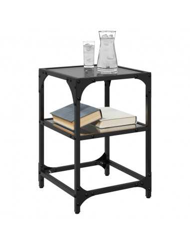 Tavolini da Salotto con Piano Vetro Nero 2pz 30x30x45cm Acciaio