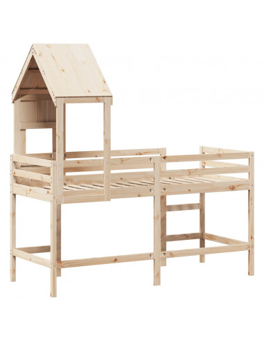 Letto Soppalco con Scala e Tetto 90x190 cm Legno Massello Pino