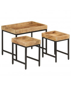 Tavolini a Incastro 3 pz Legno Massello di Mango Grezzo e Ferro 2