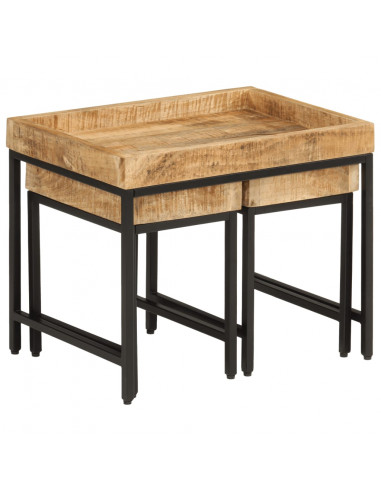 Tavolini a Incastro 3 pz Legno Massello di Mango Grezzo e Ferro