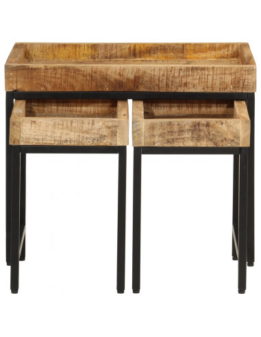 Tavolini a Incastro 3 pz Legno Massello di Mango Grezzo e Ferro