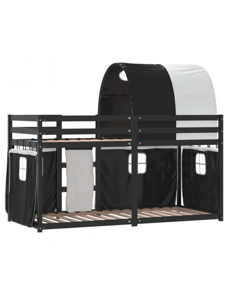 Letto a Castello con Tende Bianco e Nero 90x190cm Massello Pino