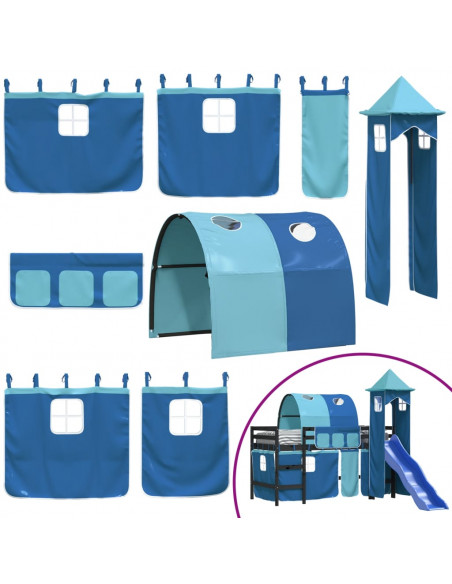 Letto a Soppalco con Torre Bambini Blu 90x200cm Massello Pino