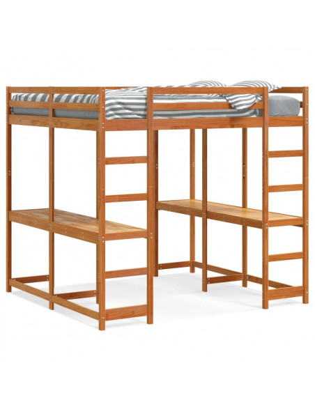 Letto Soppalco Scrivania e Scala Marrone Cera 140x200cm Pino