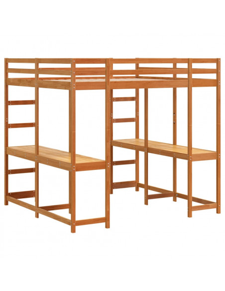 Letto Soppalco Scrivania e Scala Marrone Cera 140x200cm Pino