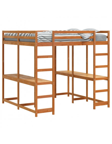 Letto Soppalco Scrivania e Scala Marrone Cera 140x200cm Pino