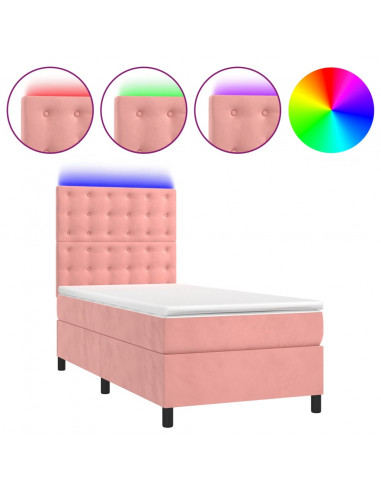 Letto a Molle con Materasso e LED Rosa 90x190 cm in Velluto