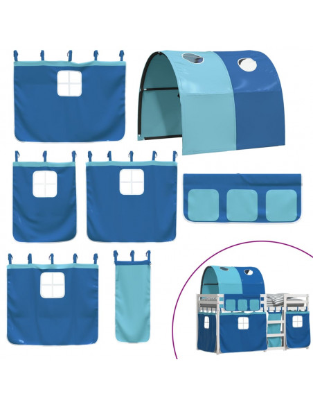 Letto a Castello con Tende Blu 80x200 cm Massello Pino