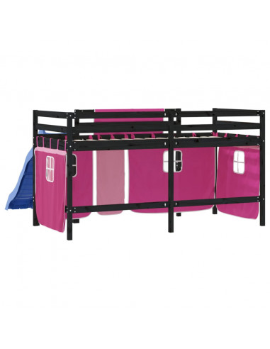 Letto a Soppalco con Tende Bambini Rosa 80x200 cm Massello Pino