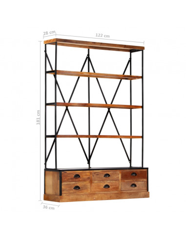 Libreria a 4 Ripiani 6 Cassetti 122x36x181cm Massello di Mango