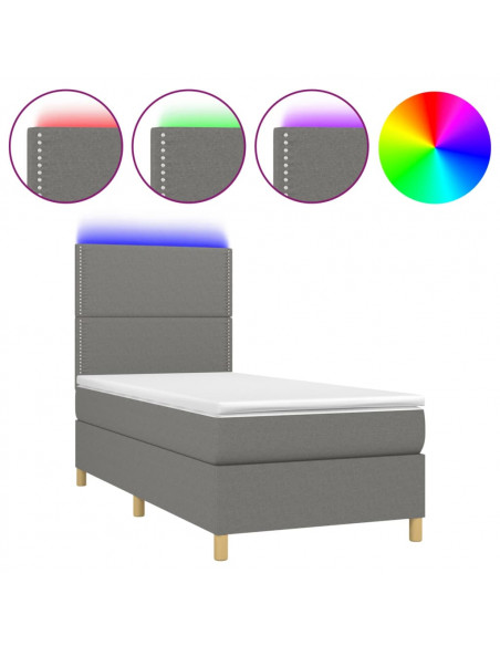 Letto a Molle Materasso e LED Grigio Scuro 80x200 cm in Tessuto