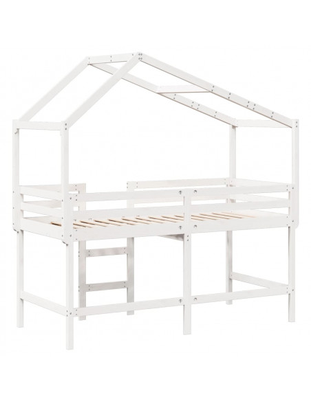 Letto Soppalco con Scala e Tetto Bianco 90x200 cm Massello Pino