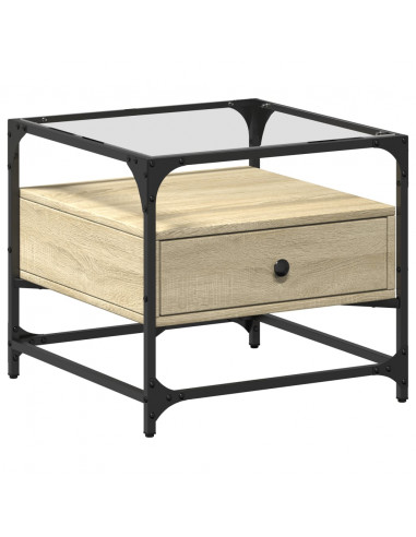 Tavolino con Piano in Vetro Rovere Sonoma 50x50x45 cm Acciaio
