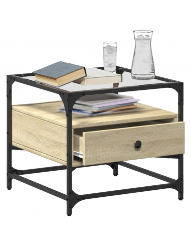 Tavolino con Piano in Vetro Rovere Sonoma 50x50x45 cm Acciaio