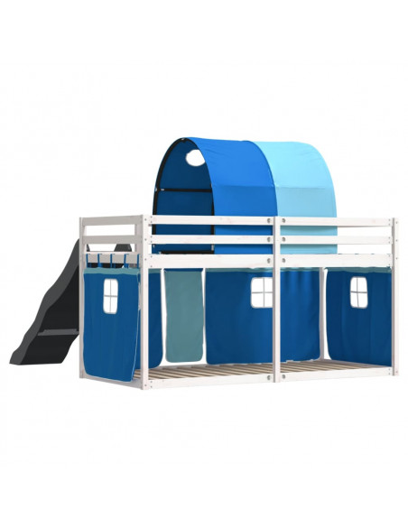 Letto a Castello con Scivolo e Tende Blu 90x190 cm