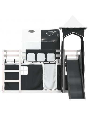 Letto a Castello con Scivolo e Tende Bianco e Nero 80x200 cm