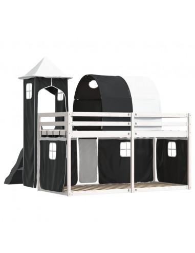 Letto a Castello con Scivolo e Tende Bianco e Nero 80x200 cm