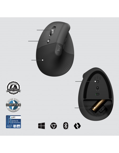 Logitech Lift for Business mouse Ufficio Mancino RF senza fili + Bluetooth Ottico 4000 DPI