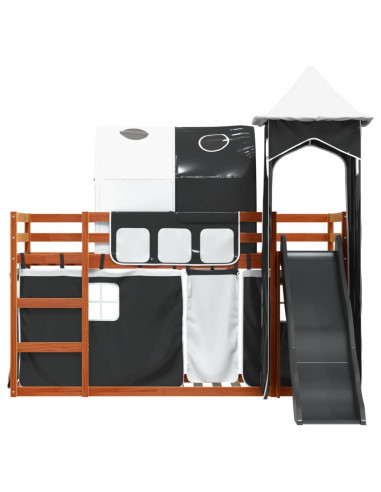 Letto a Castello con Scivolo e Tende Bianco e Nero 90x200 cm