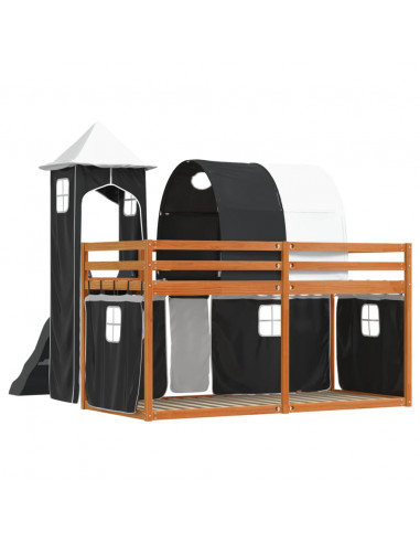 Letto a Castello con Scivolo e Tende Bianco e Nero 90x200 cm