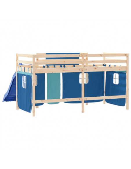 Letto a Soppalco con Tende Bambini Blu 80x200 cm Massello Pino