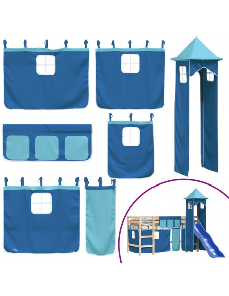 Letto a Soppalco con Torre Bambini Blu 80x200cm Massello Pino