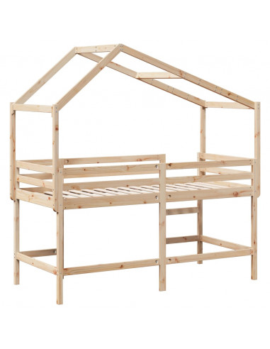 Letto Soppalco con Scala e Tetto 90x190 cm Legno Massello Pino