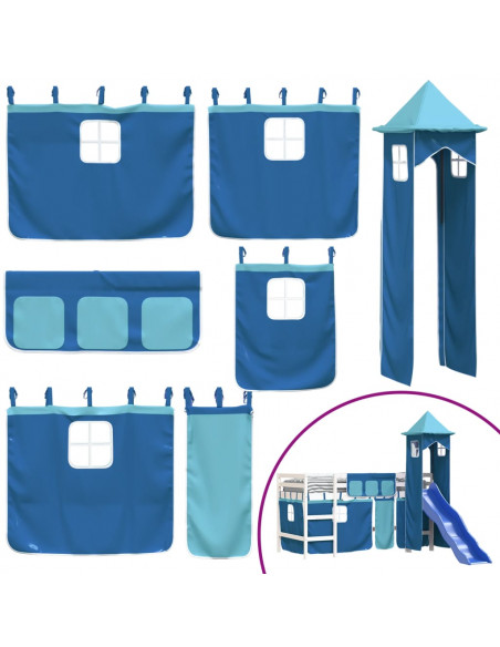 Letto a Soppalco con Torre Bambini Blu 80x200cm Massello Pino