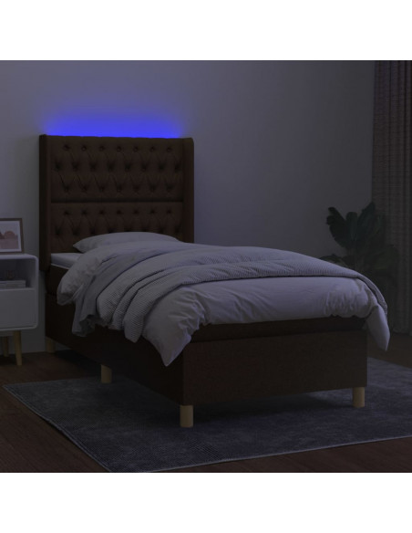 Letto a Molle Materasso e LED Marrone Scuro 90x190cm in Tessuto