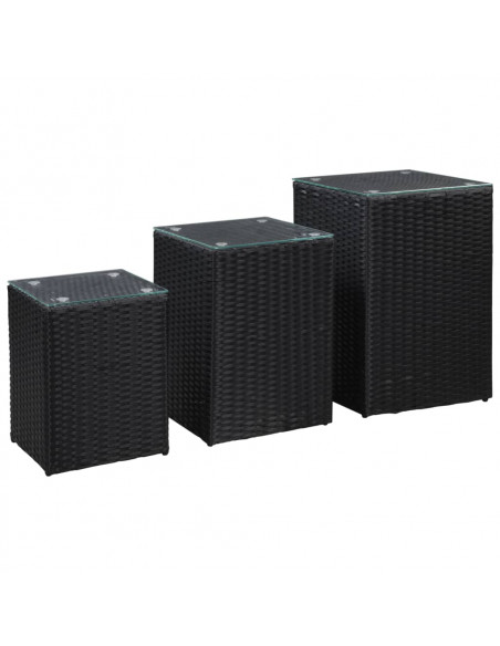 Tavolini Laterale 3 pz con Piano in Vetro Neri in Polyrattan