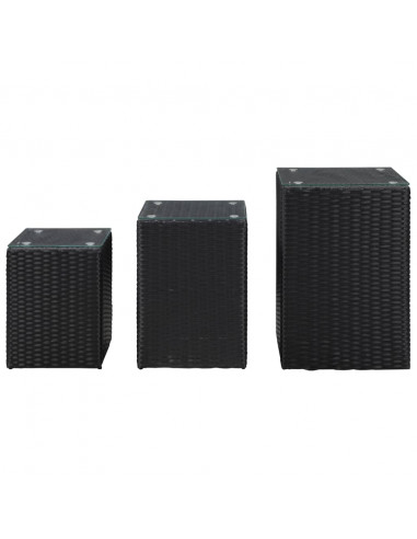 Tavolini Laterale 3 pz con Piano in Vetro Neri in Polyrattan